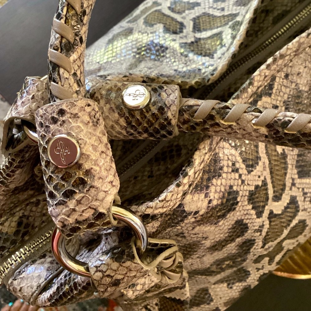 COLE HAAN Genuine Leather Snake Print Embossed Beige/Brown Satchel Shoulderbag - Picture 10 of 17